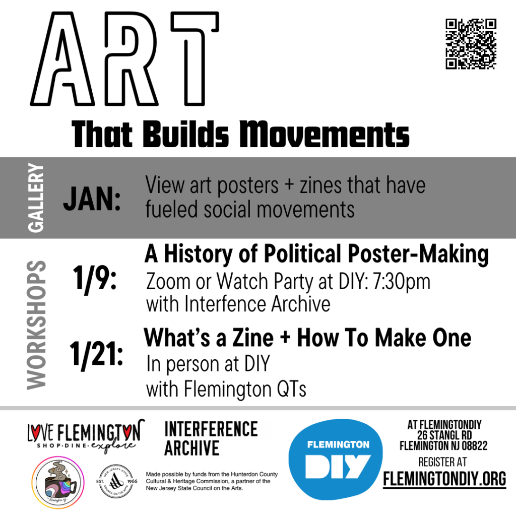 flyer for an art show and workshops that showcase art used to fuel social movements